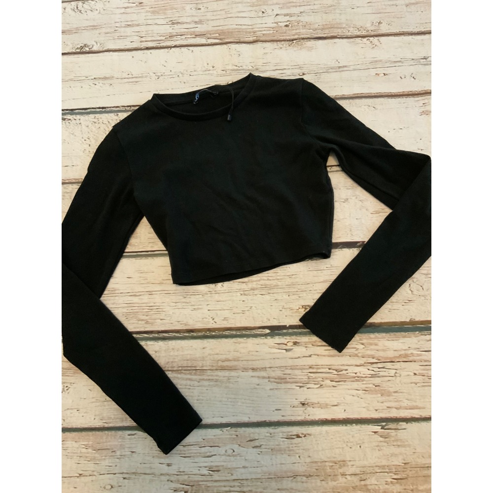 Zara Basic Long Sleeve Crop Top Black Ribbed Crew Neck Size Medium